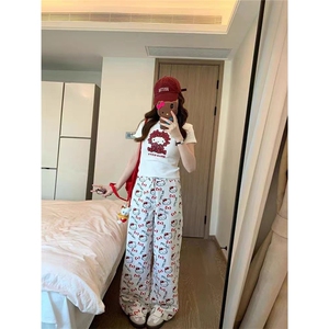 满印HelloKitty白色阔腿裤女夏宽松显瘦直筒裤慵懒百搭休闲拖地裤图片