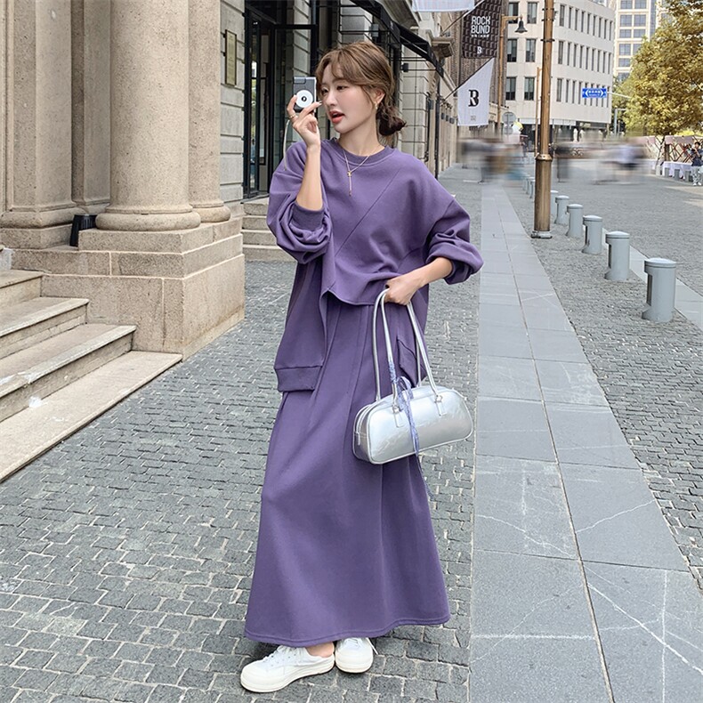 洋气炸街紫色卫衣套装裙女2024秋新款设计感小众上衣半身裙两件套,女装套装/套裙,2C305