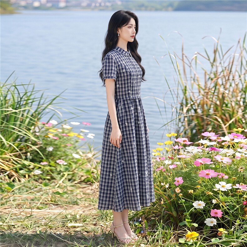 夏季格纹绣花收腰显瘦学院风优雅气质连衣裙,女装连衣裙,水衣源