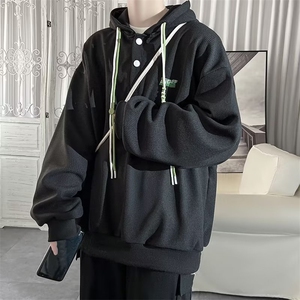 潮连帽卫衣男秋季潮流简约笑脸印花慵懒风帽衫港风宽松套头外套图片