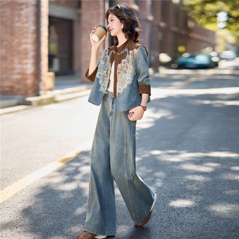 牛仔套装女2025秋季新款chic高级感大方得体新中式国风休闲两件套，女装套装/套裙，欣品汇