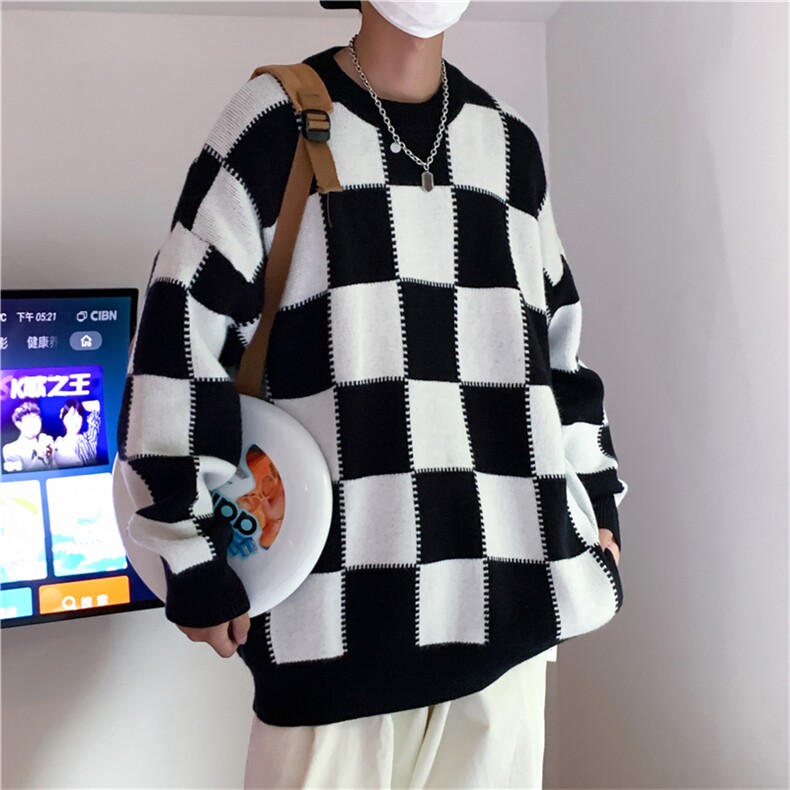 棋盘格毛衣男冬季新款英伦风针织衫宽松圆领羊毛衫男士MY0908-P45图片