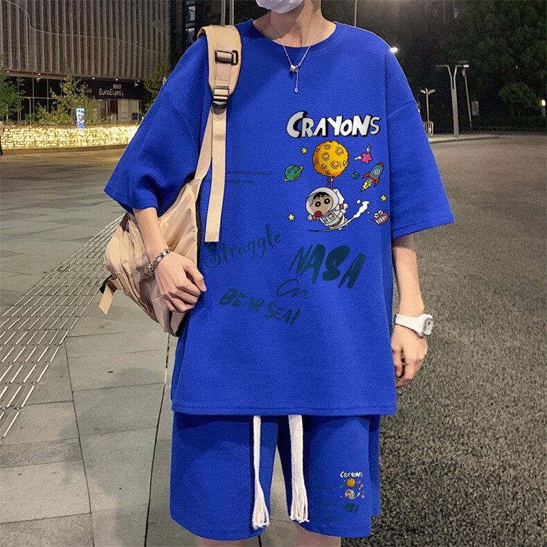 套装！夏季华夫格套装男T恤短裤男两件套大码港风TZ20-P50,男装休闲套装,电商B367