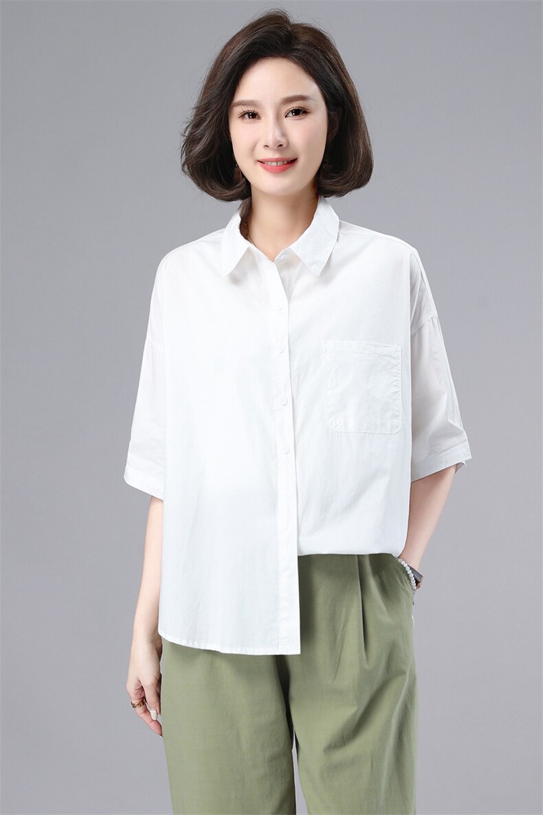 纯棉衬衫女五分袖夏季薄款2022新款宽松中年妈妈休闲法式短袖衬衣,女装衬衫,奕阳依阁