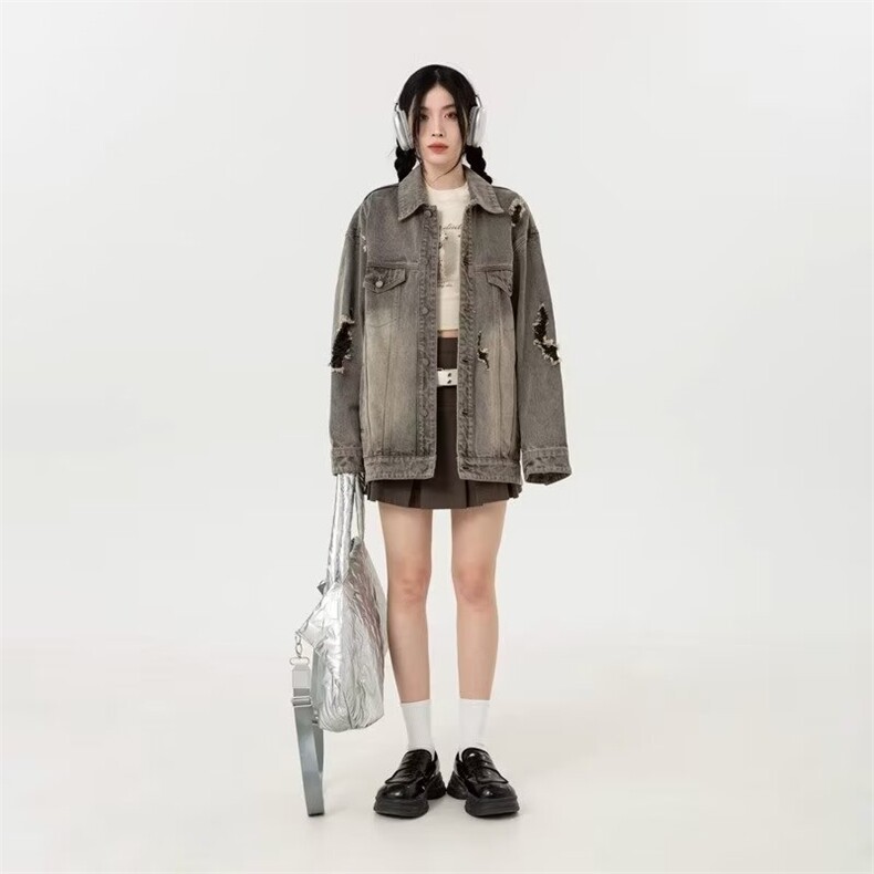 现货美式复古设计感牛仔外套女春秋宽松百搭水洗破洞情侣款夹克潮,男装工装外套,星座302B