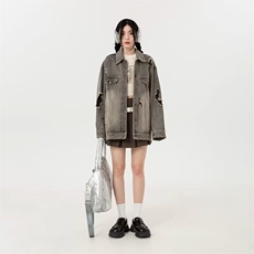 现货美式复古设计感牛仔外套女春秋宽松百搭水洗破洞情侣款夹克潮，男装工装外套，星座302B