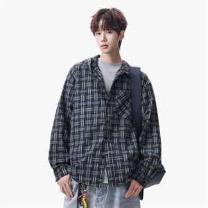 衬衫男春季新款港风宽松连帽大码格子长袖衬衣CS1982-P42，男装衬衫，星座214-3