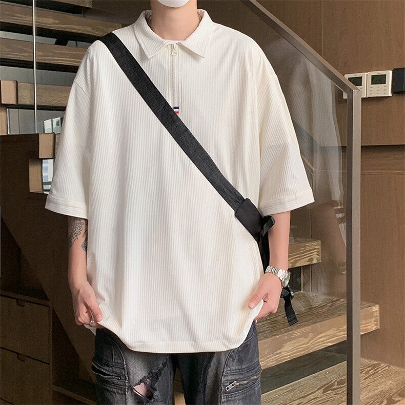 PL9053/P35冰丝短袖POLO衫男夏季宽松纯色上衣美式潮牌半拉链t恤,男装T恤,电商A141