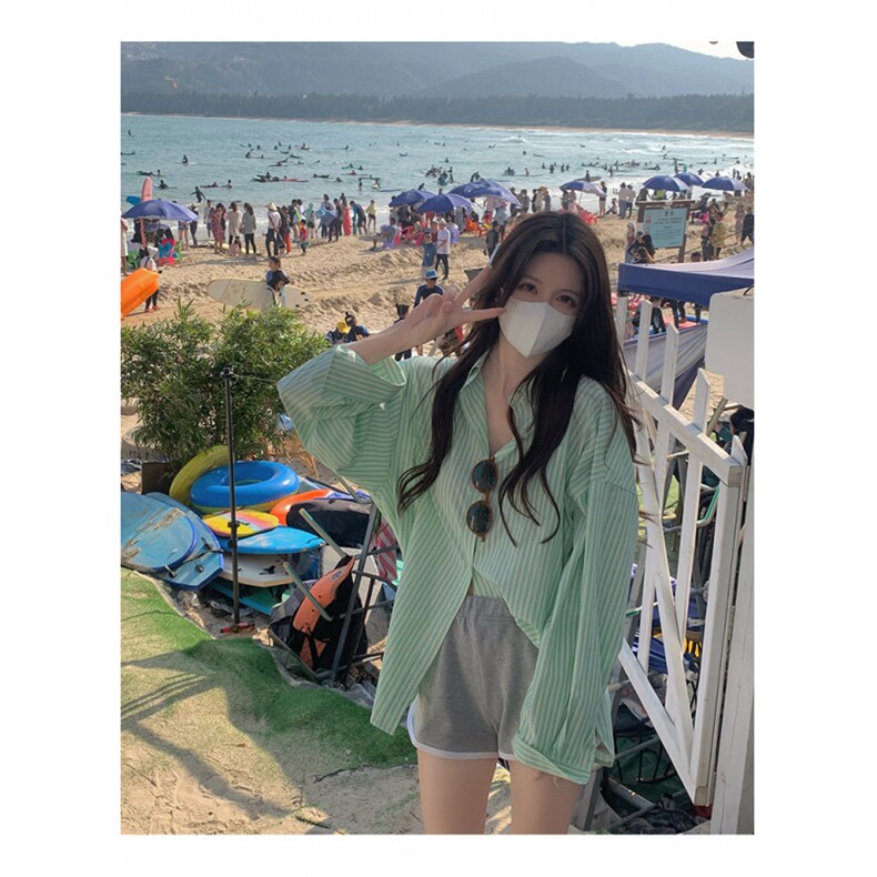 TC770-P45盐系甜美休闲少女穿搭绿色长袖条纹衬衫女宽松上衣,男装衬衫,星座617A-2