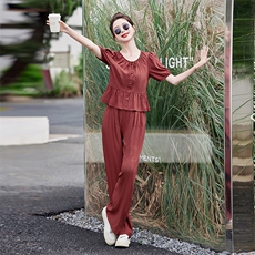现货2026年夏季新款时尚气质显瘦轻薄舒适上衣阔腿裤套装两件套，女装套装/套裙，尚洛菲