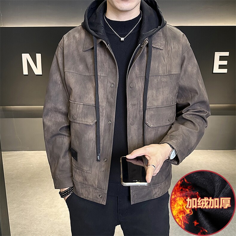 加绒加厚假两件连帽可拆卸男装皮衣外套夹克C317-J6662-P170,男装夹克,电商C317