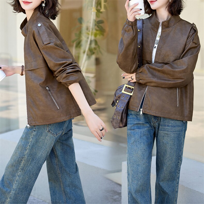 现货复古港风晕染立领皮衣女2024秋新款宽松休闲机车Pu皮外套，女装皮衣，潮流依族