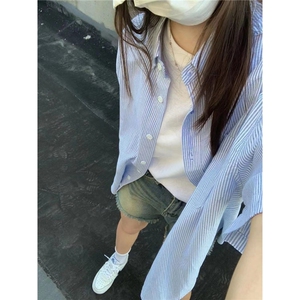日系cityboy蓝白条纹衬衫短袖男女夏季新款宽松休闲男生衬衣外套