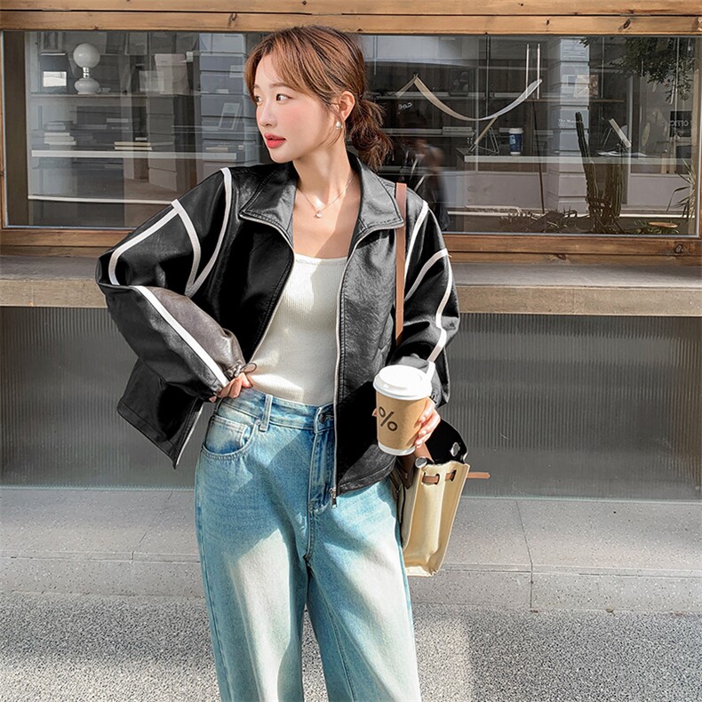休闲撞色拼接咖色皮衣外套女春秋2025新款小个子PU夹克爆款高级感,女装皮衣,2C256