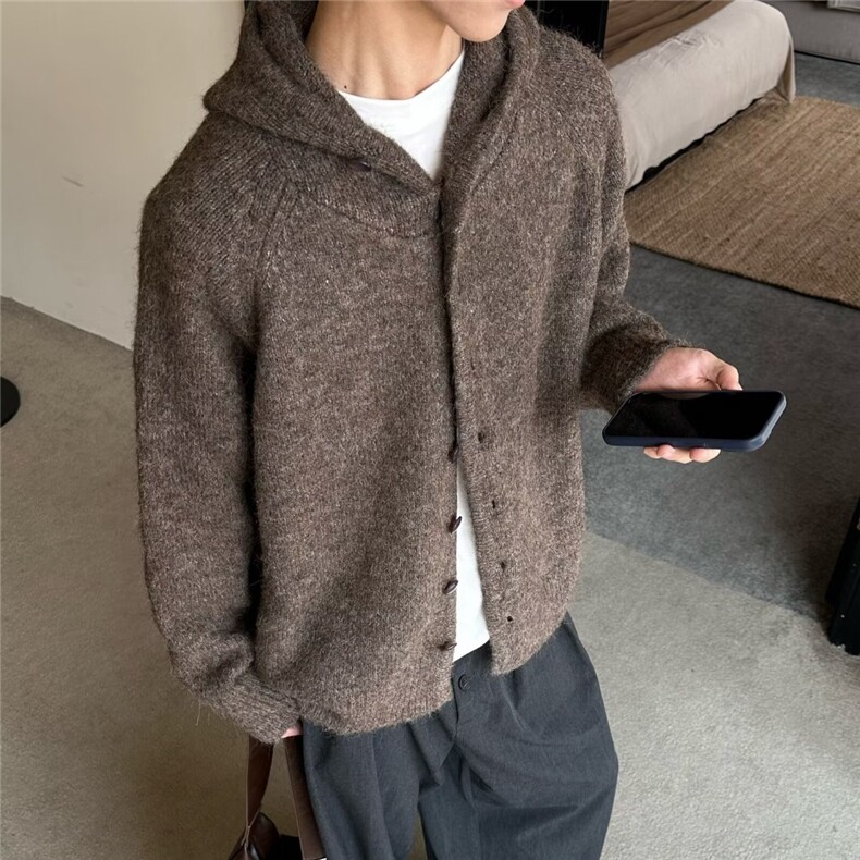 港风针织开衫单排扣外套男秋冬潮牌慵懒风毛衣高级感纯色连帽外套图片