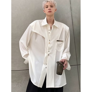 小众极简设计感垫肩衬衫男女痞帅纯色立领廓形长袖衬衣 C0199图片