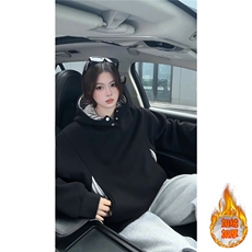 ！鱼骨纹拼接撞色卫衣冬季加绒连帽衫外套WR2252JR-P65控108，女装短外套，星座815A
