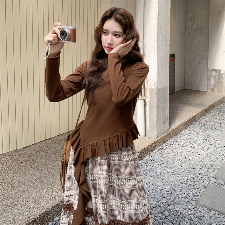 美拉德复古套装女2025秋新款气质不规则上衣蕾丝格子半身裙两件套,女装连衣裙,浙宝103（原192）