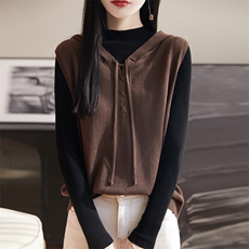 连帽针织马甲女2025新款精纺细毛宽松显瘦减龄外搭无袖坎肩上衣，女装马甲，朝思羊绒