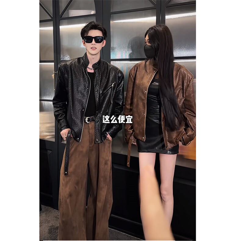 秋季新款美式复古编织设计皮衣外套机车皮夹克男JK2376P135(网图,男装夹克,电商B267