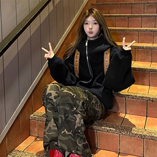 抖音得物高品质26春装美式高街重磅宽松结构高领连帽卫衣外套W60，女装短外套，电商A486-1