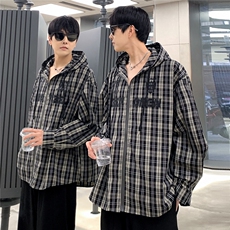 美式复古连帽格子外套男休闲百搭衬衫植绒印花防晒衫CS05-P65，男装衬衫，电商C307A