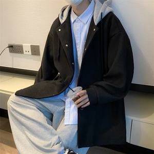 秋冬季拼接夹克男连帽毛呢大衣港风宽松简约纯色百搭外套DY24 P65图片