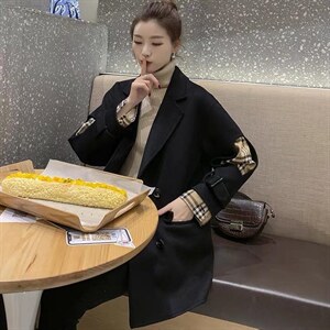2021秋季新款韩版时尚潮流袖拼接格四粒扣双口袋百分百羊毛图片