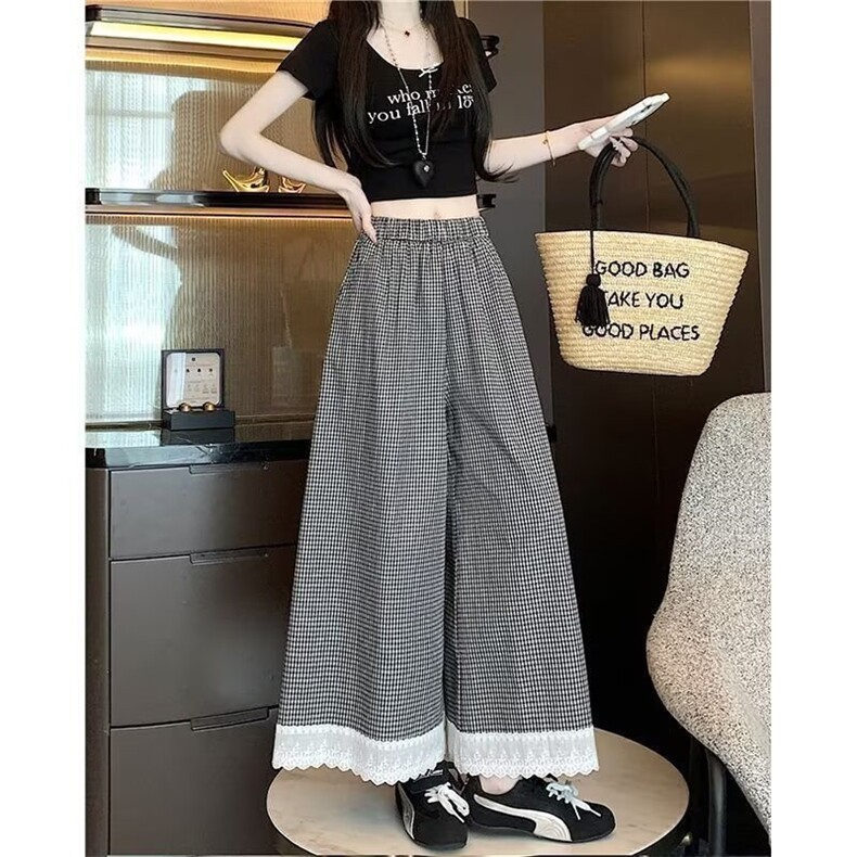 日系蕾丝花边格子阔腿裤宽松显瘦休闲裤女春季高腰直筒裤气质长裤，女装休闲裤，星座1210-1