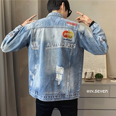 JK818-P90-现货店主风牛仔夹克肥仔量足破洞印花大码，男装夹克，星座103A