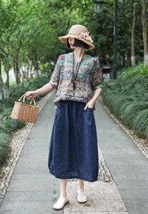 【现货】夏季新款 纯苎花上衣+纯亚半裙图片