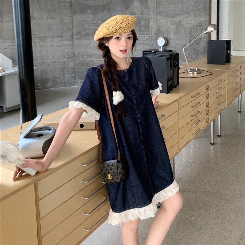 深蓝色木耳边连衣裙女夏新款小个子轻薄学院风减龄休闲显瘦a字裙图片