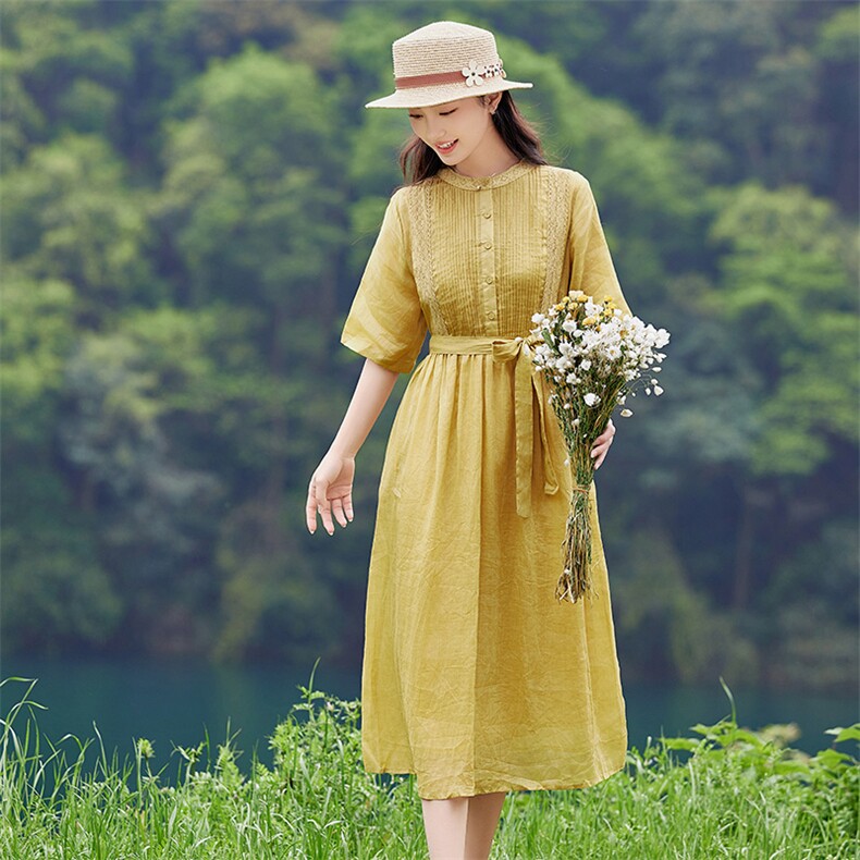 2026年夏季优雅气质大摆型短袖苎麻城市通勤年会旅游聚会街拍约会，女装连衣裙，江南依恋