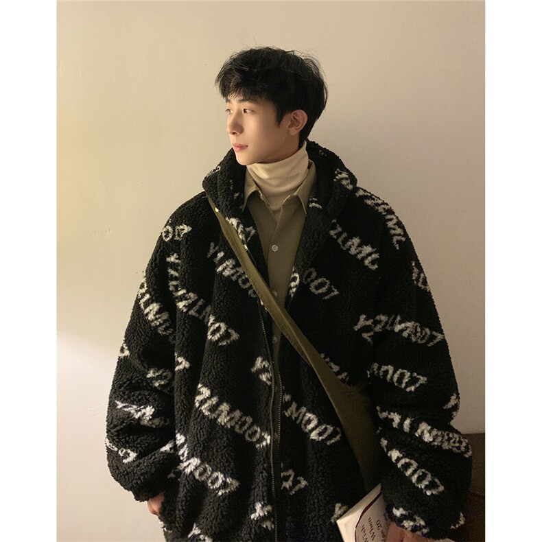 1港风定制LOGO羊羔毛棉衣大码M-5XL连帽棉衣外套男78710P105控148图片