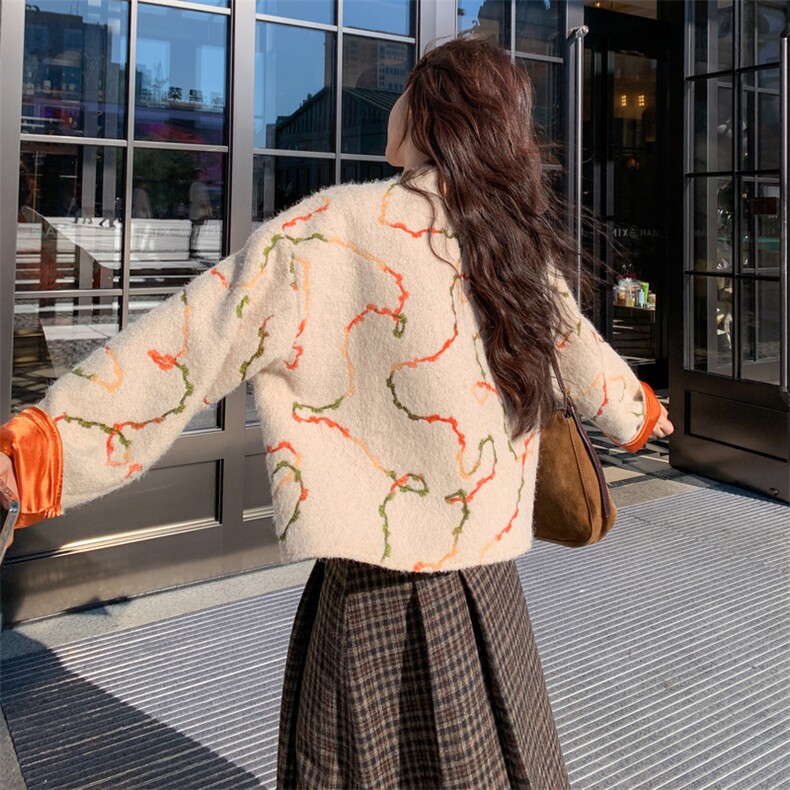 白色提花毛呢外套女2025秋冬新款超火流行撞色小个子短款呢子大衣,女装短外套,2C317