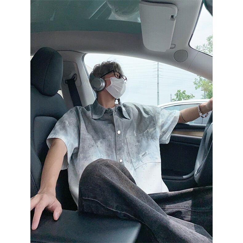 扎染短袖衬衫男生夏季薄美式高街水洗渐变情侣炸街五分袖衬衣外套,男装衬衫,电商A007
