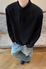 美式亨利领结构拼接长袖T恤男秋款高级感正肩重磅百搭卫衣打底衫，男装T恤，电商A001