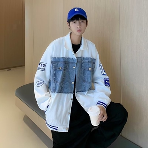 拼接牛仔外套男潮牌春秋季2022高街棒球服夹克工装图片