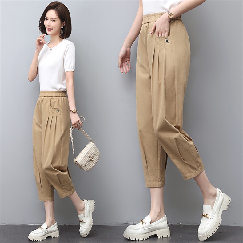 五分裤女夏2024新款纯棉宽松哈伦短裤妈妈薄款松紧腰盘扣休闲中裤，女装休闲裤，璐依舞