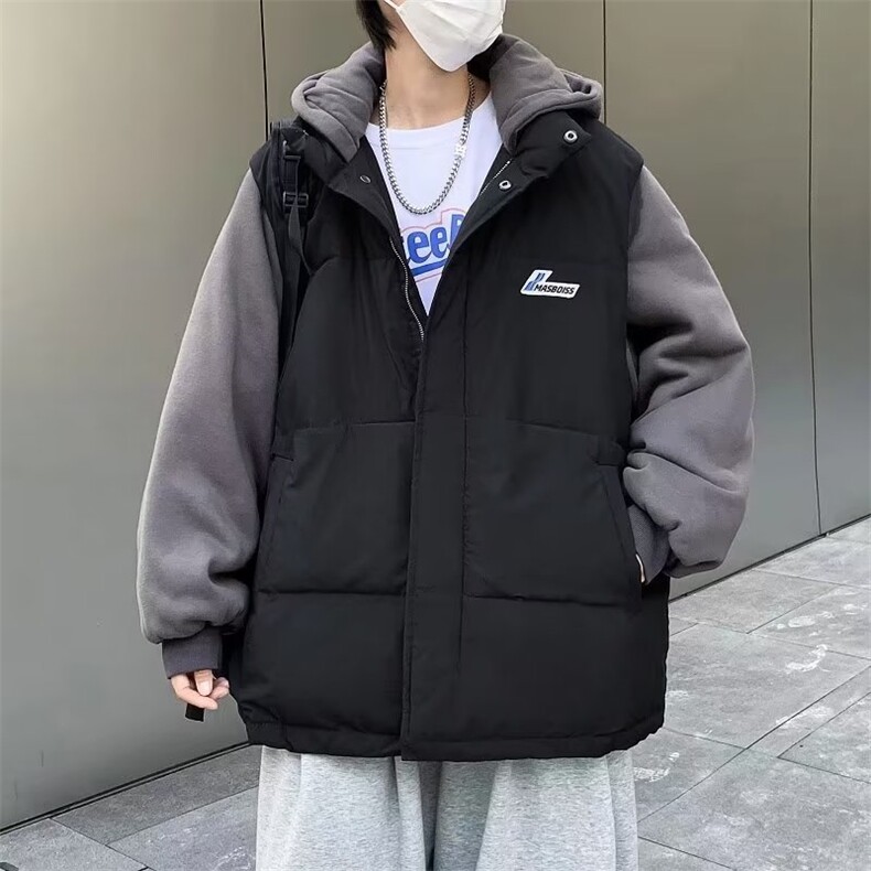 潮牌假两件棉衣男士宽松冬季加厚潮流连帽棉服棉袄 W6074-P75图片