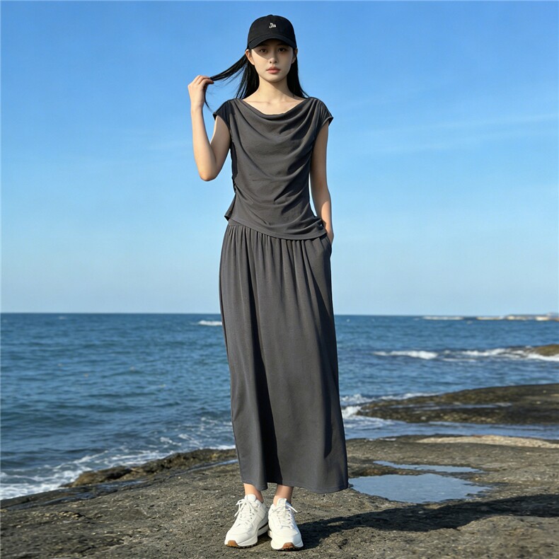 个性简约时尚套装裙女夏季新款圆领褶皱设计短袖上衣半身裙两件套,女装套装/套裙,江南