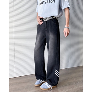 美式三条杠牛仔裤男cleanfit潮牌条纹设计感阔腿裤子N01139-P48图片