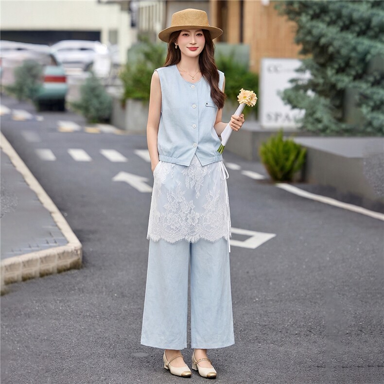 现货轻熟风气质套装女2026夏季麻料薄款西装马甲上衣阔腿裤两件套,女装套装/套裙,艾仟回(原伊仟回)