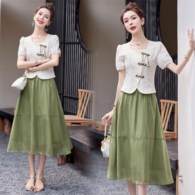 国风盘扣时尚套装女夏季2024新款改良中式旗袍上衣裙子减龄两件套，女装套装/套裙，依路服饰