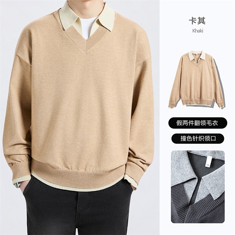 秋冬新款时尚男士翻领上衣休闲风复古拼色毛衣潮流假两件针织衫男，男装针织衫/毛衣，星座506A