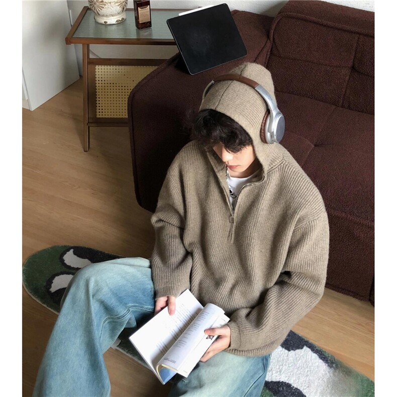 主推美式秋冬半拉链连帽毛衣慵懒宽松男针织衫D373P78网图,男装针织衫/毛衣,电商A335-1（原A458）