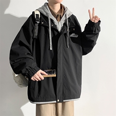 春秋款工装连帽假两件夹克潮流拼色宽松冲锋衣外套JK8310-P65，男装夹克，电商B306