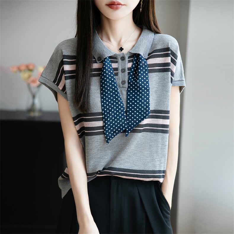 设计感Polo领纽扣丝巾条纹T恤女2025夏季款减龄百搭打底飞袖上衣,女装T恤,菲奥羊绒