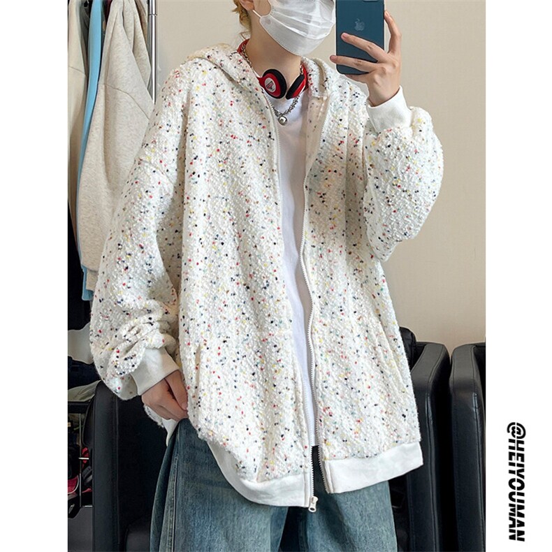 宽松随性自在韩系外套新款彩点潮流设计连帽开衫卫衣HY629P75，女装短外套，电商A102B