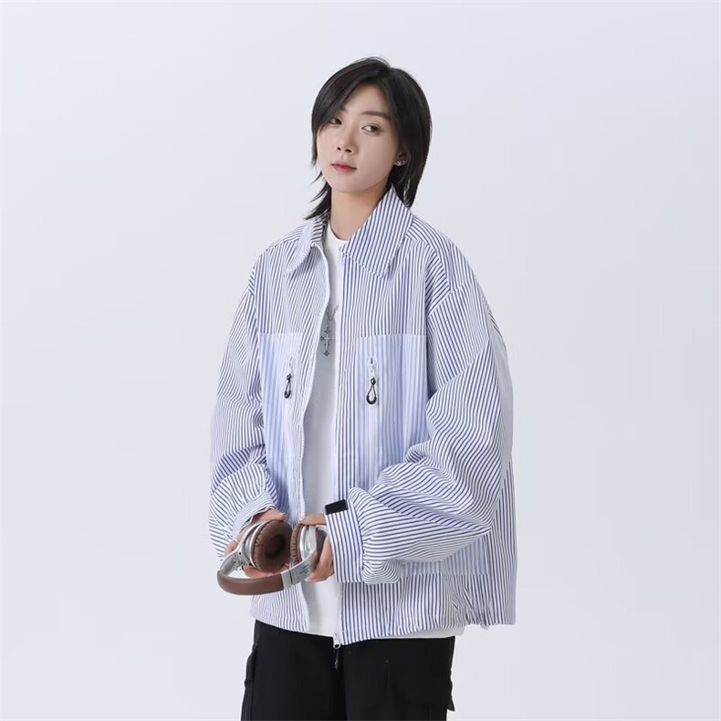 W10445-P50自家图现货美式复古拉链条纹长袖夹克百搭宽松外套,男装夹克,星座1608